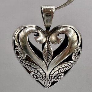 Openwork Heart Pendant Double Sided Floral Foliate Scroll Sterling Silver Signed